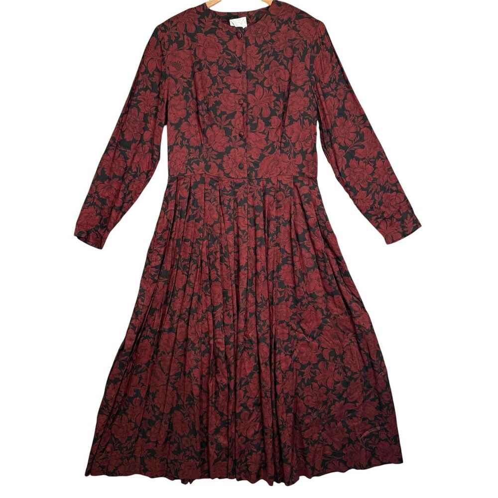 Vintage 90s Laura Ashley Floral Dress Black Red Retro Size 14 Long Sleeve Maxi